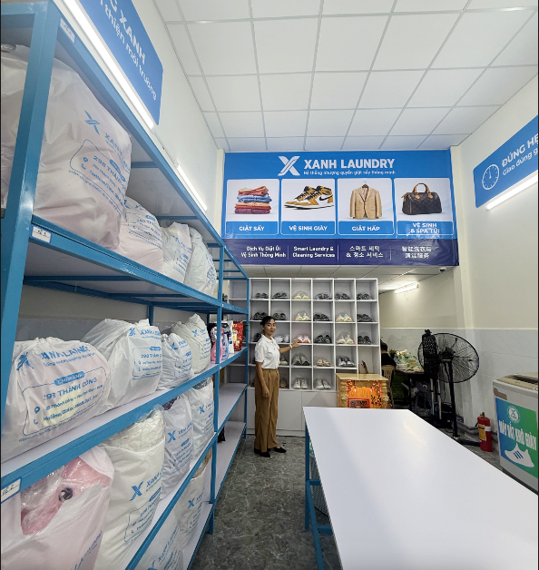 Sơ đồ bố trí tiệm giặt ủi 30m² với 6 dịch vụ